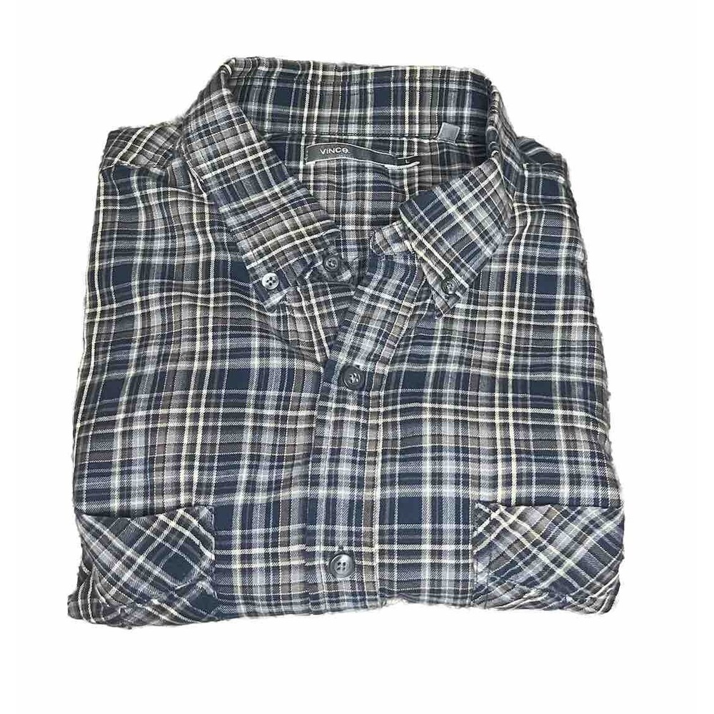 Vince Men's Large Shirt Plaid Flannel Striped Long Sleeve Button Down